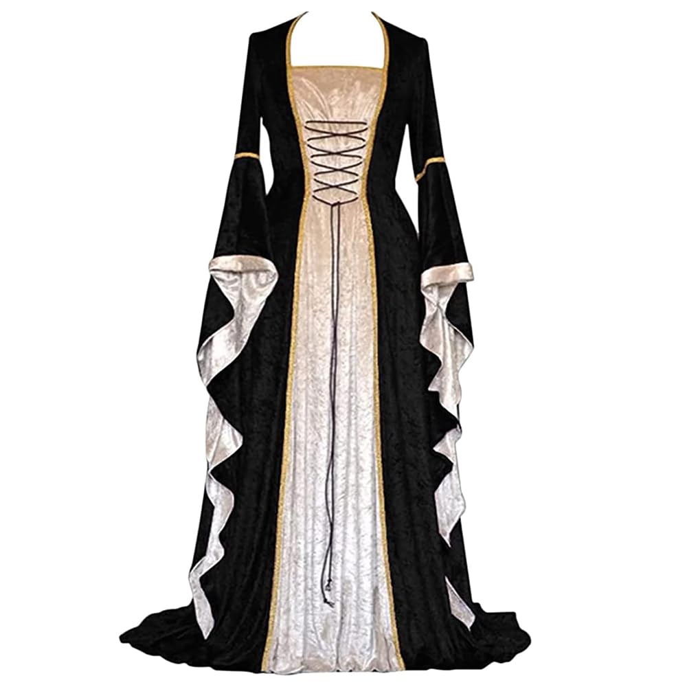 Damen Retro Mittelalter Kleid mit Trompetenärmel, Mittelalterliche Viktorianischen Königin Kleider R