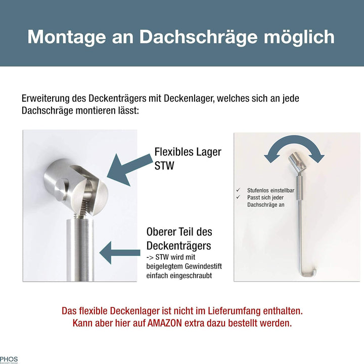 PHOS Design, DSB300-1000 Viertelkreis Duschvorhangstange 100 x 100 cm, Bogenradius 30 cm, Edelstahl