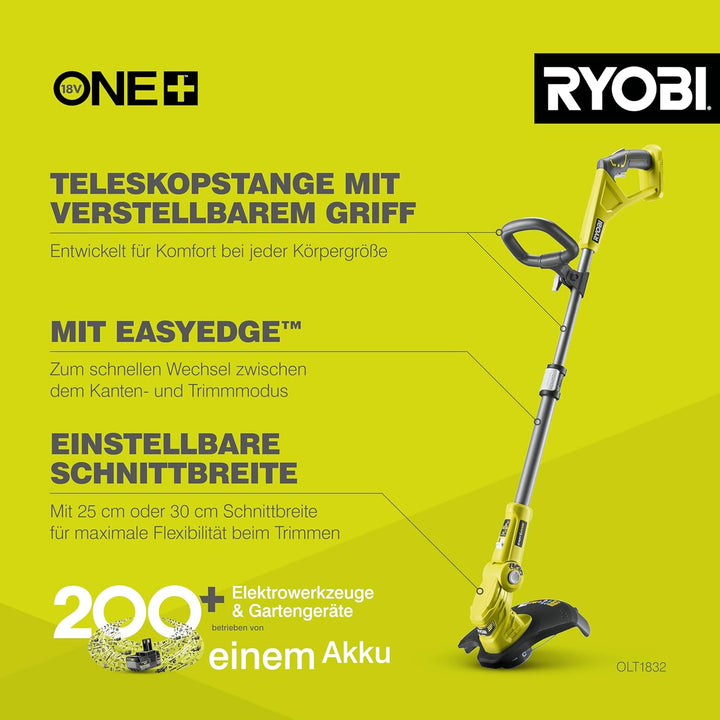 Ryobi OLT1832 ONE+ Kabelloser Rasentrimmer, 25—30 cm Weg (Zero Tool), 18 V, hypergrün (Batterie, Lad