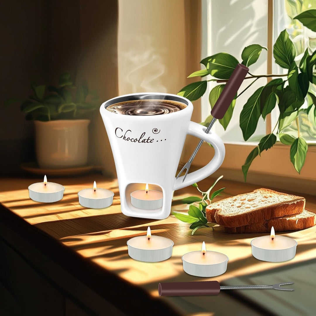 Schokofondue Tasse, 200ml Schokoladen Fondue Becher Set, Keramik Schokoladenfondue Set, mit Gabel un