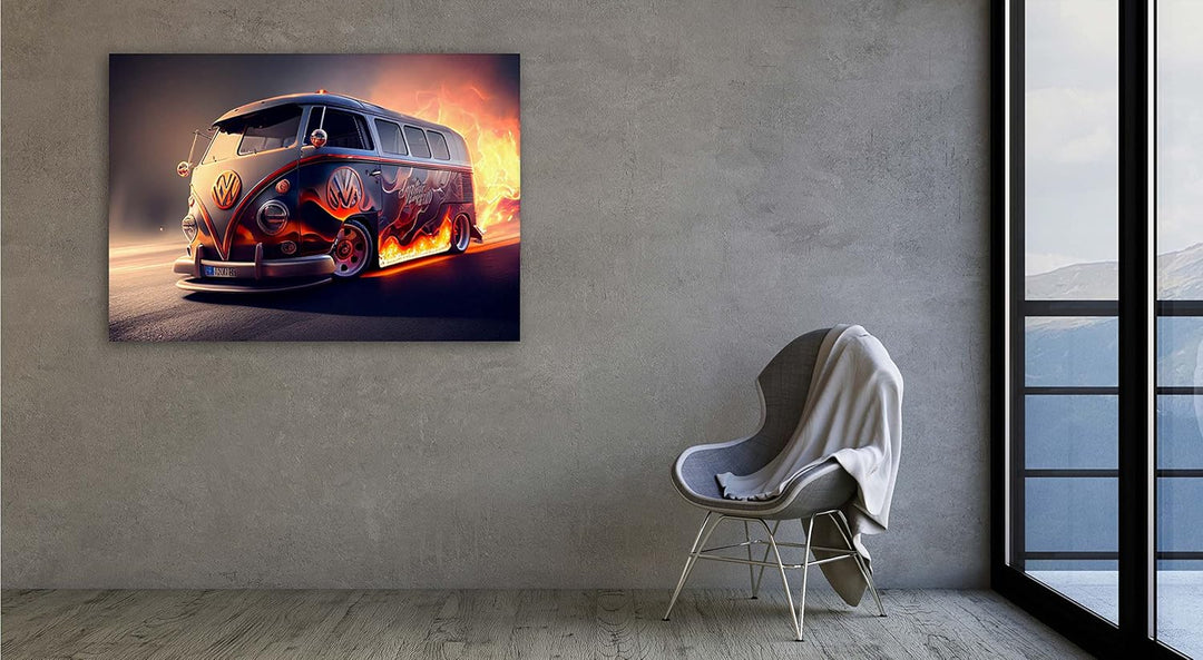 PRINTONIA Bilder Leinwandbild 120x80cm VW Volks Wagen T1 Gurke VAN Auto Abstrakte Kunst Kunst Neon
