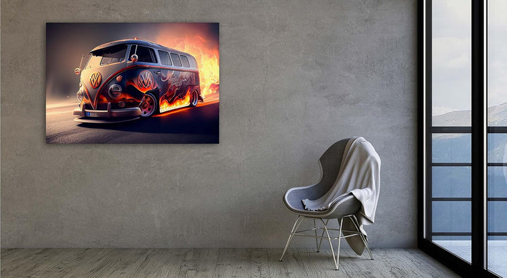 PRINTONIA Bilder Leinwandbild 120x80cm VW Volks Wagen T1 Gurke VAN Auto Abstrakte Kunst Kunst Neon