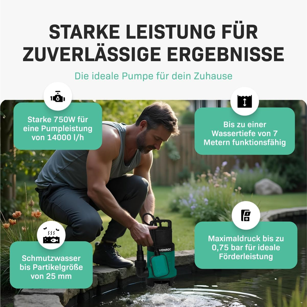 VONROC Tauchpumpe Schmutzwasserpumpe - Wasserpumpe für Schmutzwasser Keller - Flachsaugend - Gartenp
