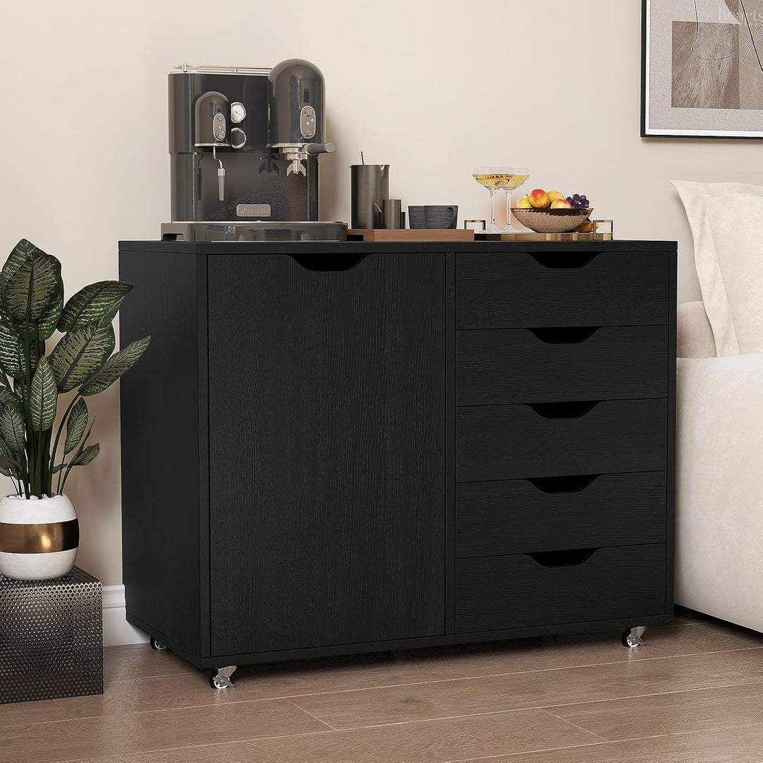 COSTWAY Rollcontainer mit 5 Schubladen &amp; Tür, mobiler Aktenschrank mit Arbeitsplatte &amp; Rollen, Büros