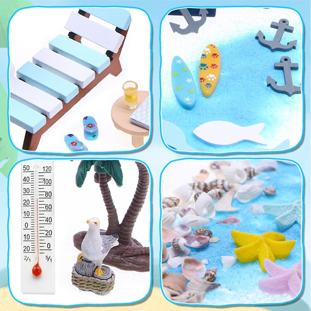 22 Stück Strand Mikrolandschaft, Strand Deko Miniatur Set, Mini Liegestuhl Kleine Tisch Schirm Palme