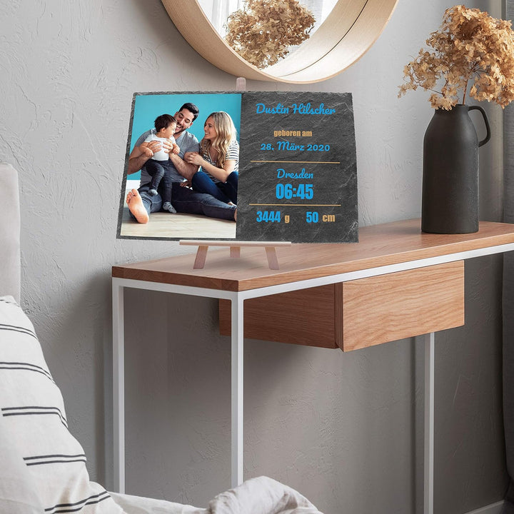 wandmotiv24 Schieferplatte mit eigenem Foto zur Geburt, 30 x 20 cm, inklusive Staffelei, Babyfoto, G
