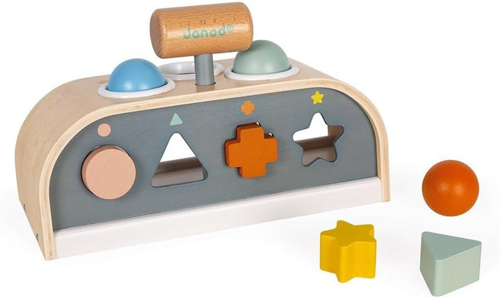 Janod - Tap Tap Sweet Cocoon - Klopfspiel mit Formensortierer und Steckspiel - 3-in-1 Holzspielzeug
