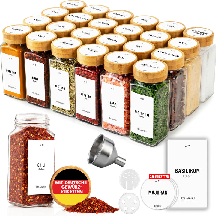 Deco haus® Gewürzgläser eckig mit Schraubkappe 24er Set [+Etiketten & Streueinsatz] - Gewürzdosen Se
