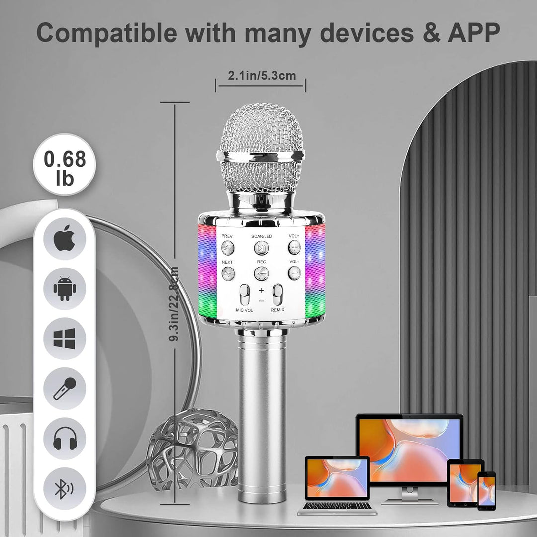 ShinePick Mikrofon Kinder Bluetooth, 4-in-1 Drahtloses Karaoke Mikrofon, Tragbare LED Microphone Spi
