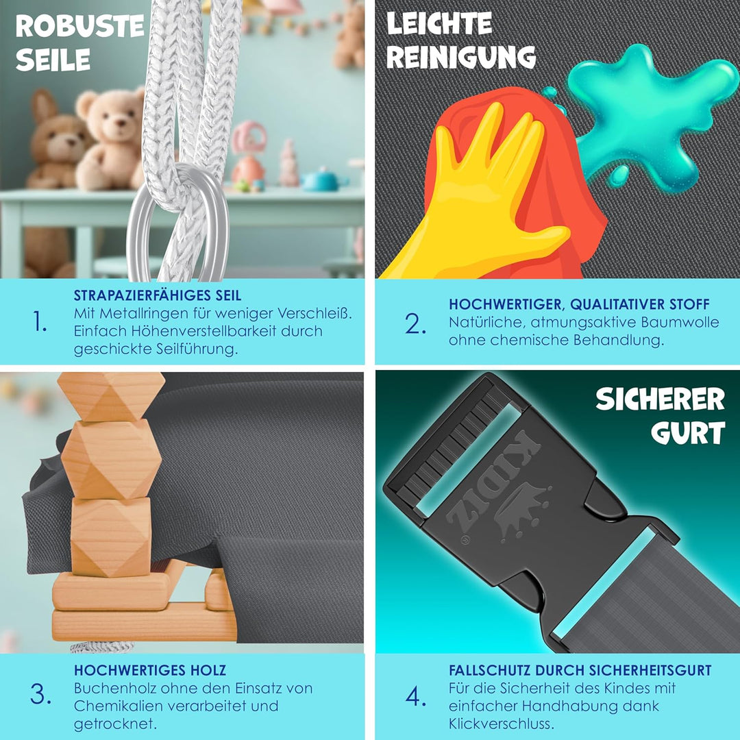 KIDIZ® Babyschaukel Kinderschaukel für Babys ab 6 Monaten und Kleinkinder bis 3+ Jahre | Holzschauke