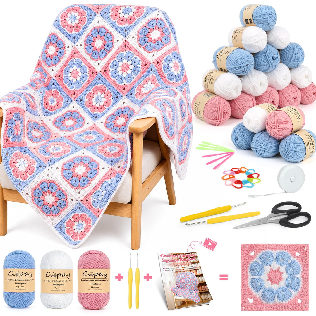 Coopay Granny Square Häkelset für Anfänger Profis, Komplettes Häkelset für Decke Häkeln, Häkel Set m