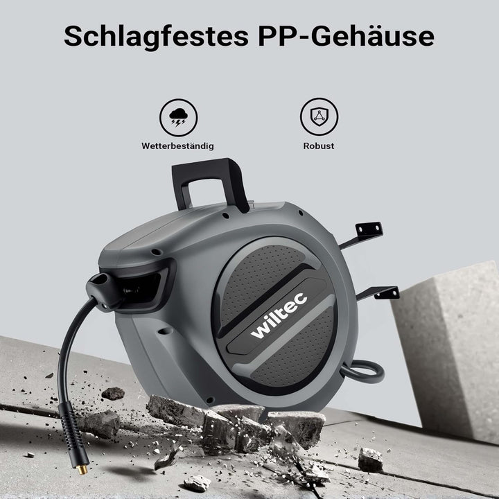 Wiltec Druckluft Schlauchtrommel 20 m, automatische Druckluftschlauchtrommel PP, 17 bar Drucklufttro
