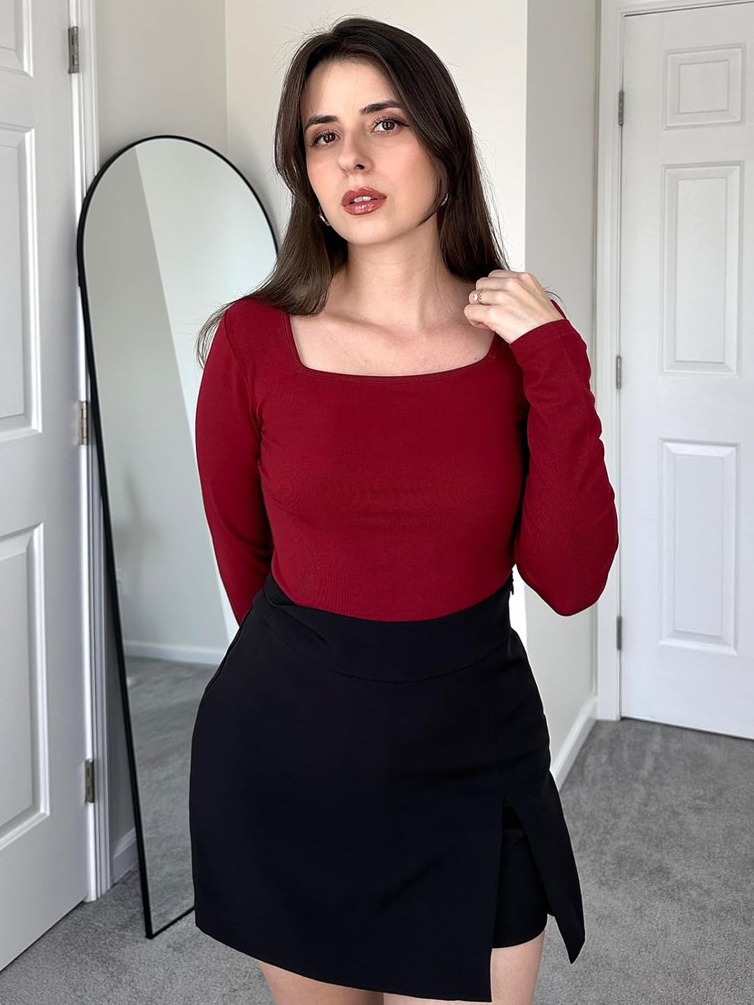 SHAPERIN Oberteile Damen Langarm Eng Langarmshirt Rundhals Einfarbige T-Shirts Lässige Blusen Top, E