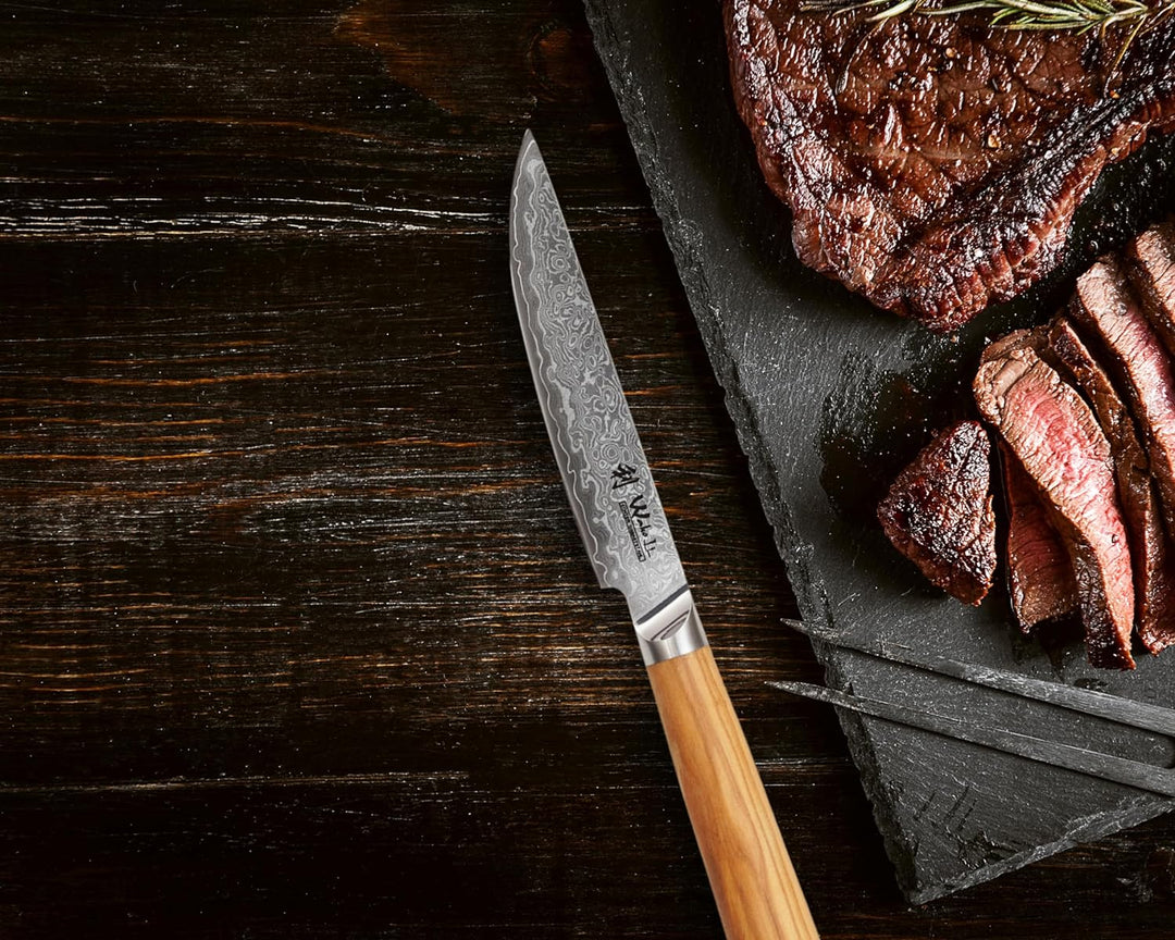 Wakoli Oribu 4er Damast Steakmesser-Set mit 12,50 cm Klingen gefertigt aus 67 Lagen Damaststahl mit