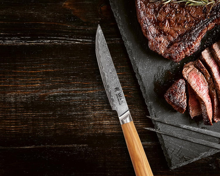Wakoli Oribu 4er Damast Steakmesser-Set mit 12,50 cm Klingen gefertigt aus 67 Lagen Damaststahl mit