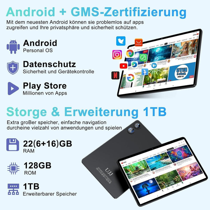 2026 Neueste Tablet 10 Zoll Android Octa-Core 22GB RAM+128GB ROM 2TB Erweiterbar, BT 5.0, 8000mAh, 8