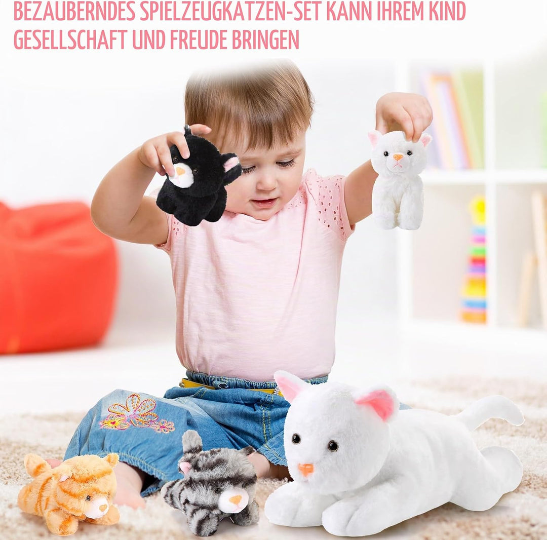 Skylety 5 Stück Plüsch Katzen Set Mama Katze mit 4 Kätzchen im Bauch, Weiss, Weiss