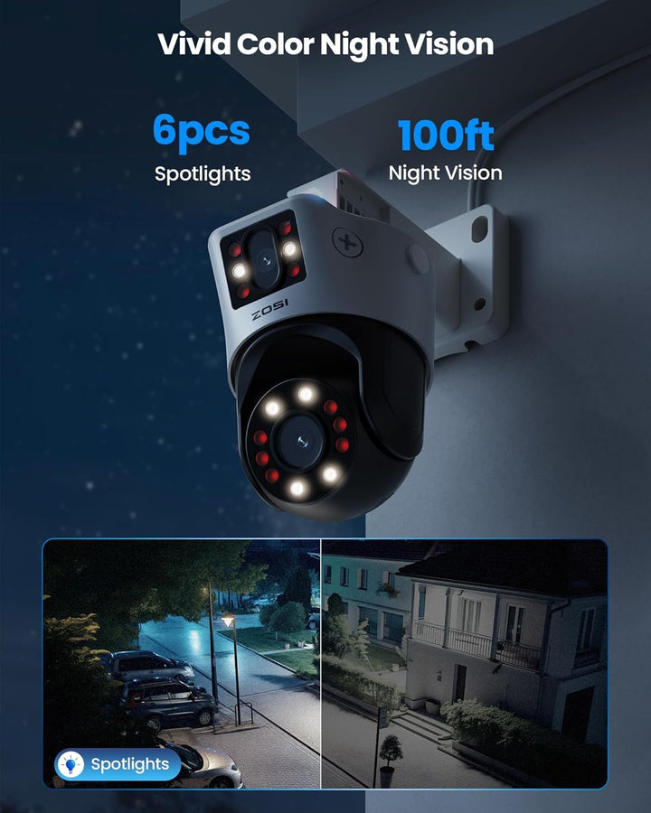 ZOSI 8MP PoE Doppelobjektiv Überwachungskamera (4MP+4MP), 360° Pan/Tilt Aussen Kamera, KI Personener