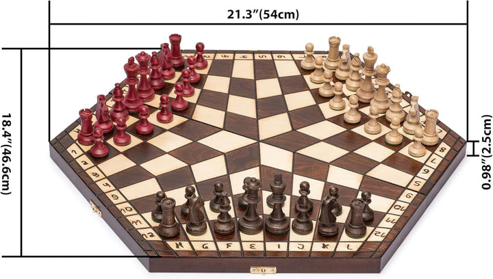 Husaria Holz-Schachspiel-Set für DREI Spieler – 54 Zentimeter - mit Faltbarem Brett, Handgefertigten
