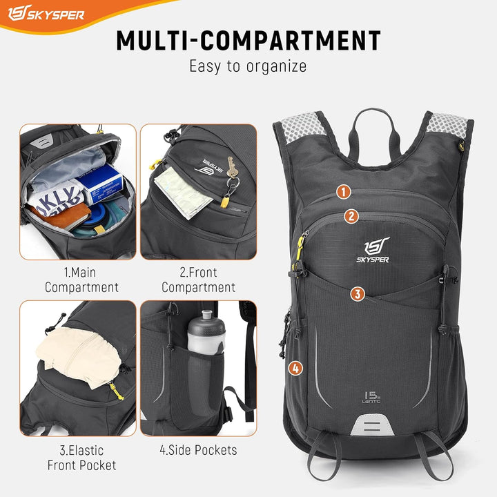SKYSPER Wanderrucksack 15L Leichter Rucksack Wandern kleiner Trekkingsrucksack Atmungsaktiver Tagesr