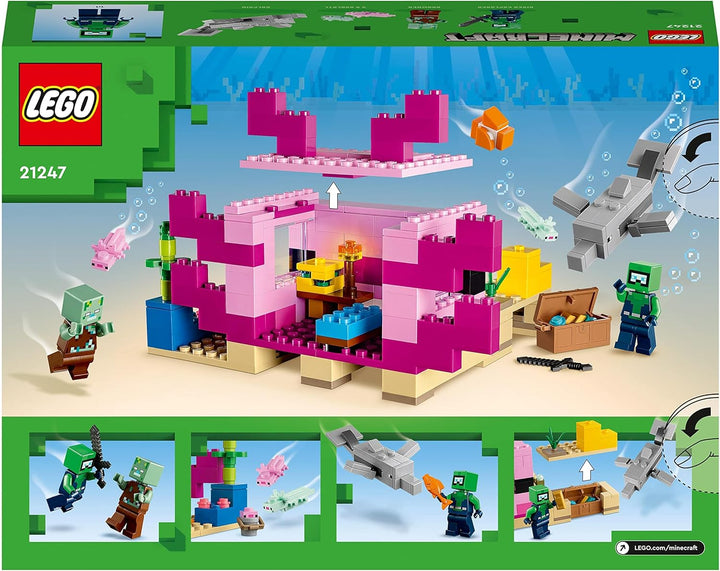 LEGO 21247 Minecraft Das Axolotl-Haus Set, baubare rosa Unterwasserbasis mit Taucherforscher, Zombie