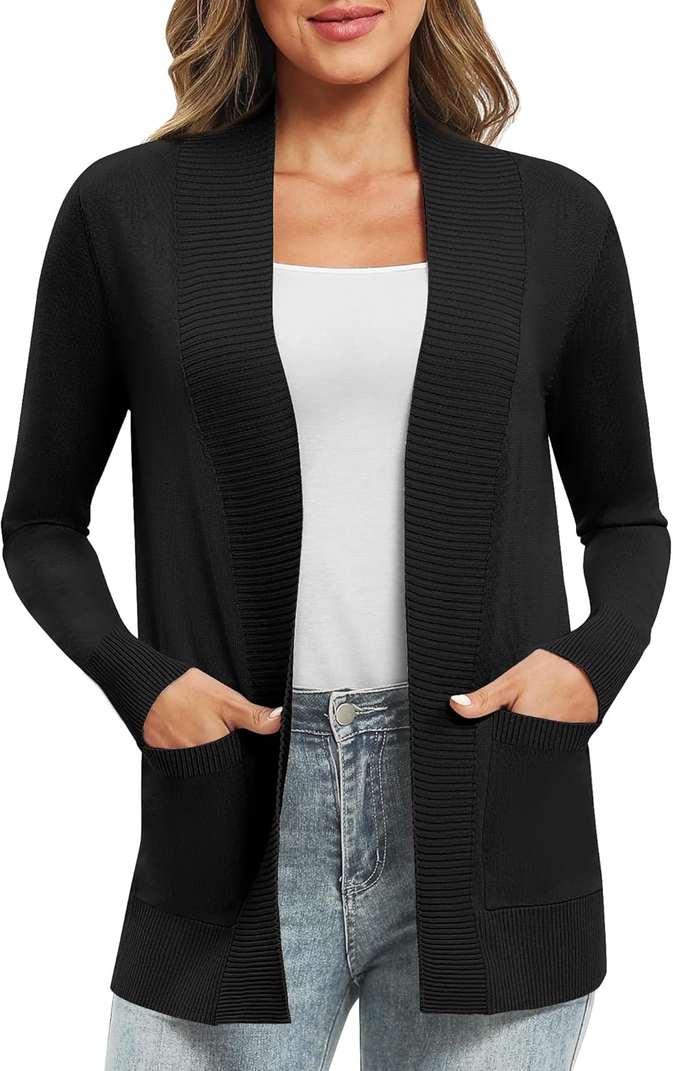 EXCHIC Leicht Damen Lange Ärmel V-Ausschnitt Lange Gestrickt Cardigan Gemütlich Offene Front Strickj
