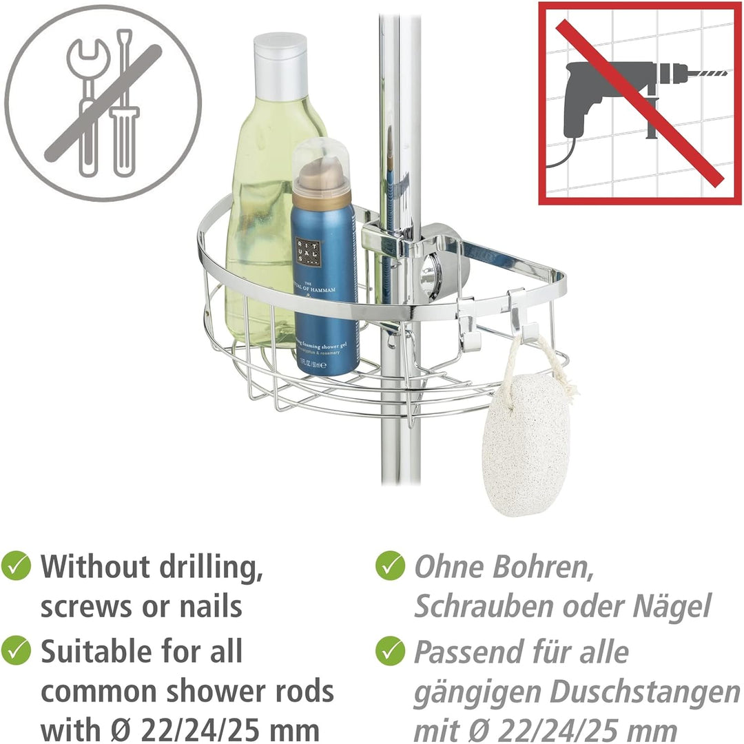 WENKO Duschstangen-Caddy Floresta Rund, Duschablage aus verchromtem Edelstahl, Montage ohne Schraube