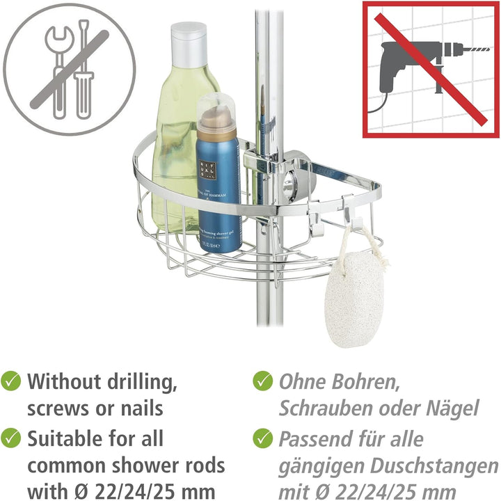 WENKO Duschstangen-Caddy Floresta Rund, Duschablage aus verchromtem Edelstahl, Montage ohne Schraube