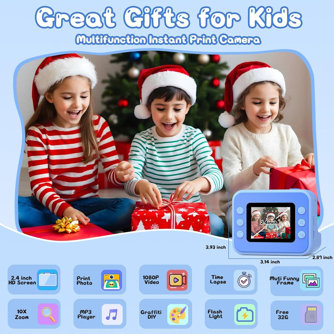 Hangrui Sofortbildkamera Kinder, 2,4 Zoll Kinderkamera Sofortbildkamera mit 32G Karte & Druckpapier,
