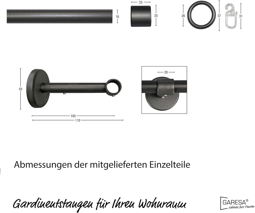 Garesa Gardinenstange Rustika Ø 16mm, 1-läufig, Graphite I Rustikale Vorhangstange aus Metall inkl.