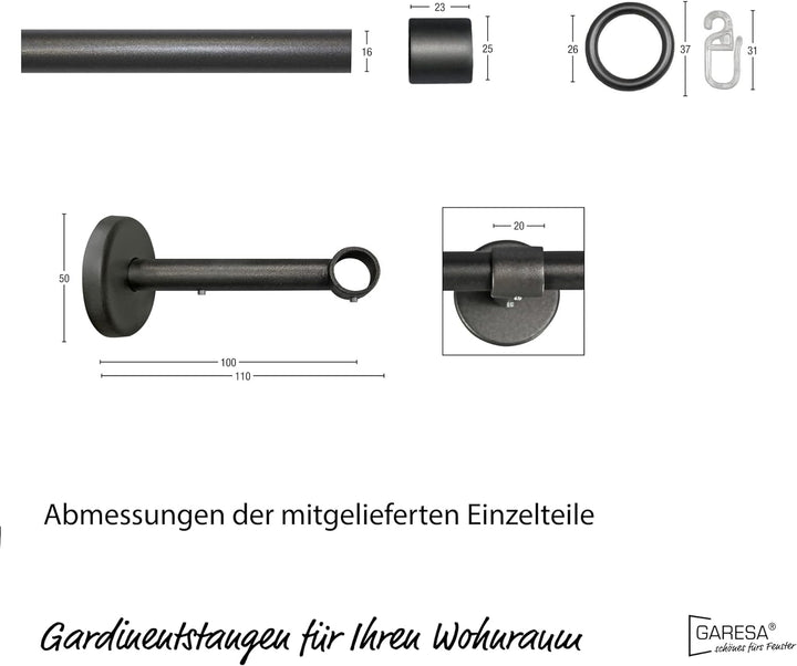Garesa Gardinenstange Rustika Ø 16mm, 1-läufig, Graphite I Rustikale Vorhangstange aus Metall inkl.
