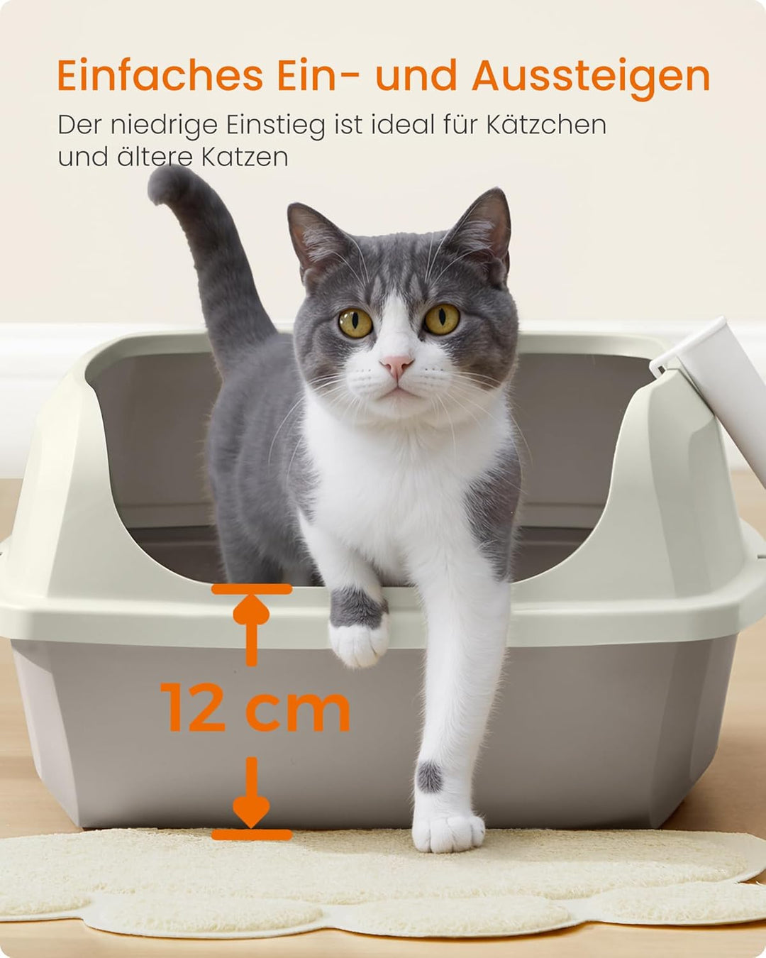 Feandrea Katzenklo mit hohen Seitenwänden, XL, offene Katzentoilette, mit Schaufel, für Kätzchen und