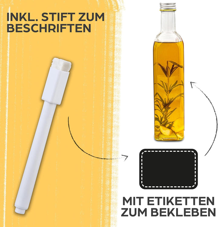 Praknu 6er Set Glasflaschen 500ml Schraubverschluss Eckig - Leere Flaschen zum Befüllen - 6 Etikette