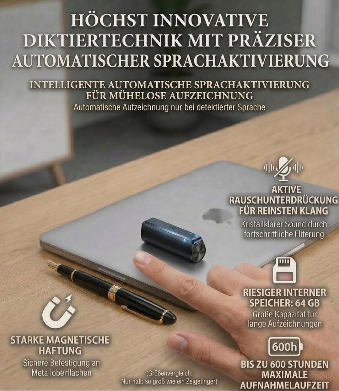 Diktiergerät mit Transkription, KI-Schreibfunktion, 30 Tage Daueraufnahme, 64 GB, Magnetische Befest