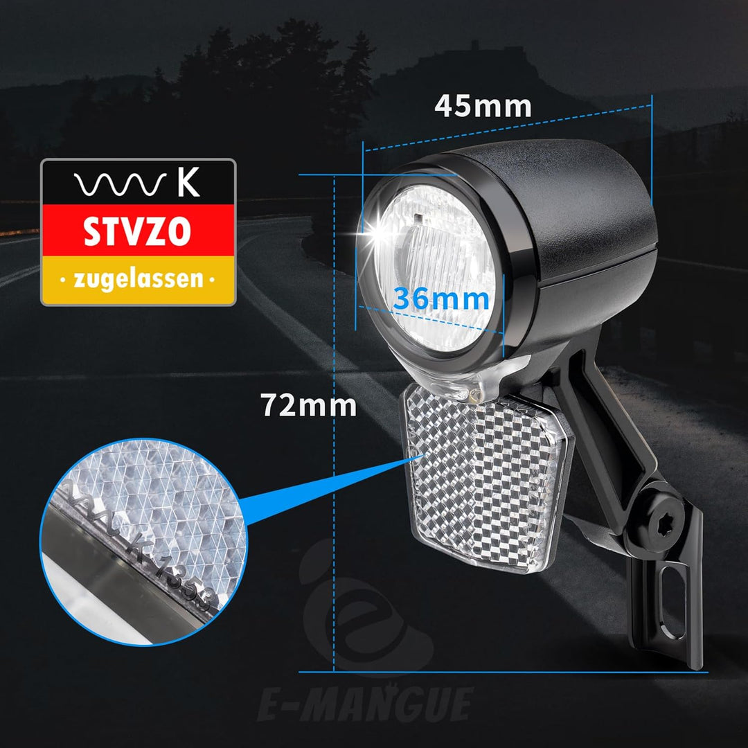 E-Bike LED Fahrradlicht Dynamo Vorne mit Tagfahrlicht, Standlichtfunktion, 40 LUX StVZO Zugelassen D