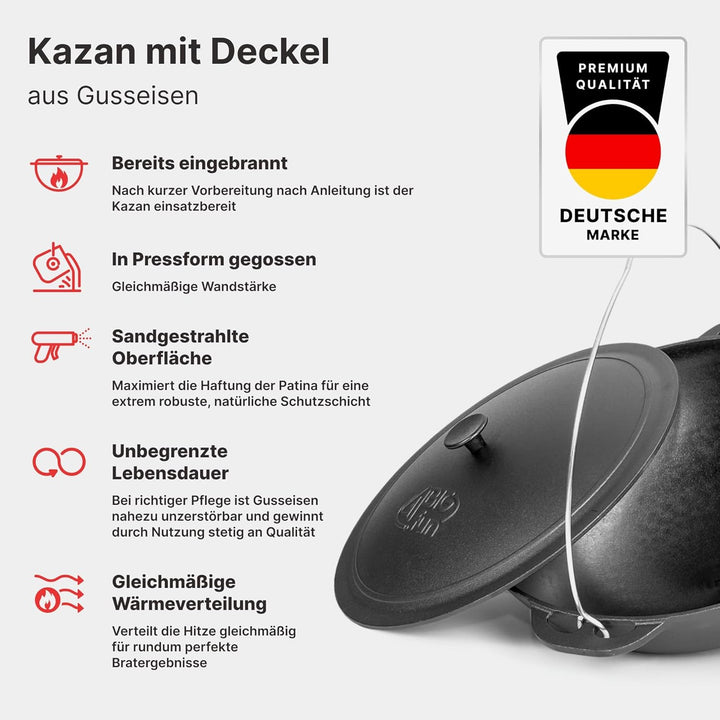 4BIG.fun Schwenktopf Kazan 12 L Camping Gusseisen mit Bügel und Deckel + Schaumkelle Bräter Tatarski
