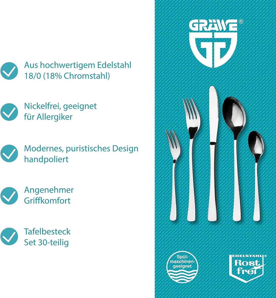 GRÄWE Besteckset für 6 Personen aus Edelstahl, Tafelbesteck Set 30-teilig, nickelfrei, rostfrei, han