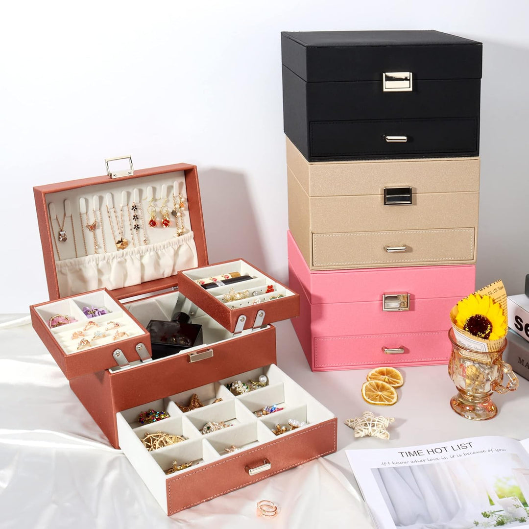 Schmuckkasten, Schmuckkästchen mit Schubladen für Damen Mädchen, PU-Leder Jewelry Box Schmuckbox Sch
