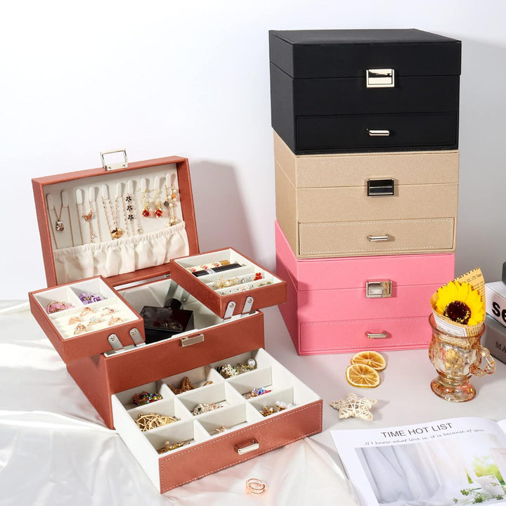 Schmuckkasten, Schmuckkästchen mit Schubladen für Damen Mädchen, PU-Leder Jewelry Box Schmuckbox Sch