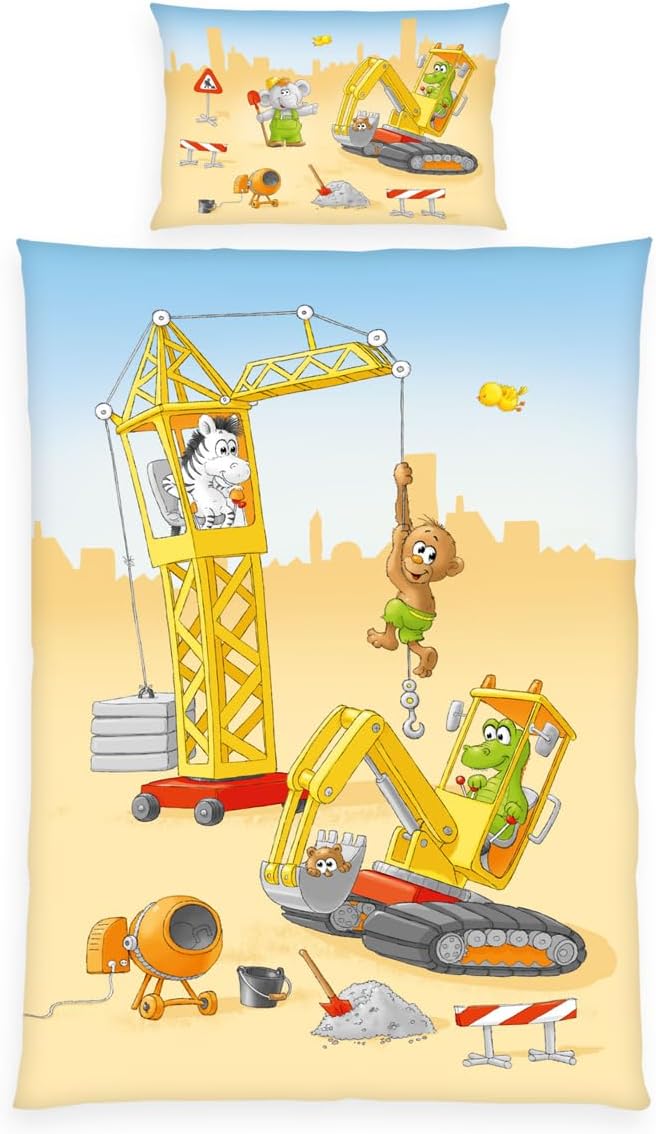 Herding babybest Bettwäsche Baustelle, Kopfkissenbezug ca. 40 x 60 cm mit Hoteleinschlag, Bettbezug