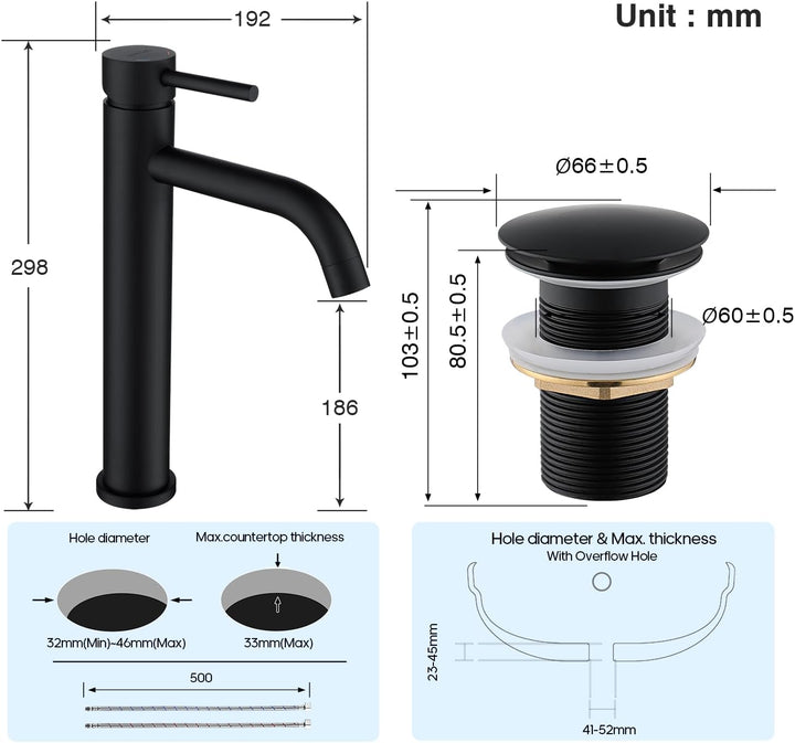Decaura Wasserhahn Bad Hoch mit G1' 1/4 pop-up Ablauf, Mischbatterie Aufsatzwaschbecken mit pop up V