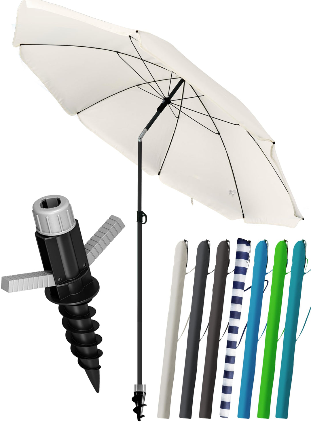 4smile Sonnenschirm Strand SunnyJoy Ø 180 cm, 3-IN-1 Set - UPF 50+ Strandschirm + Sonnenschirm Schut