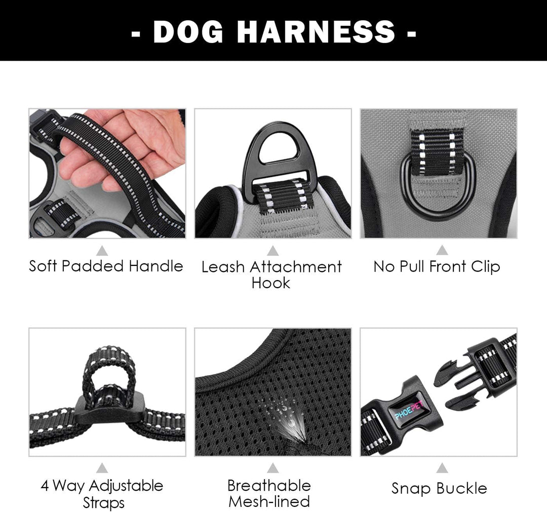 Phoepet Anti-Zieh-Hundegeschirr, reflektierend, verstellbar, mit Trainingsgriff, Namensausweisfach,