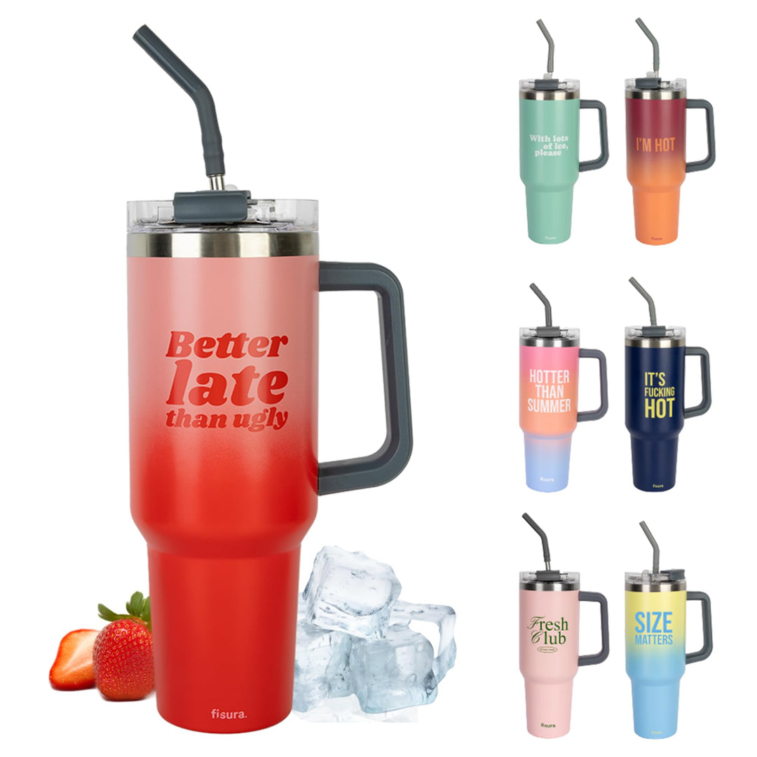 Fisura – Thermoflasche 1,2 Liter "Better late“. Grosse Thermoflasche in rosa. Flasche aus Edelstahl.