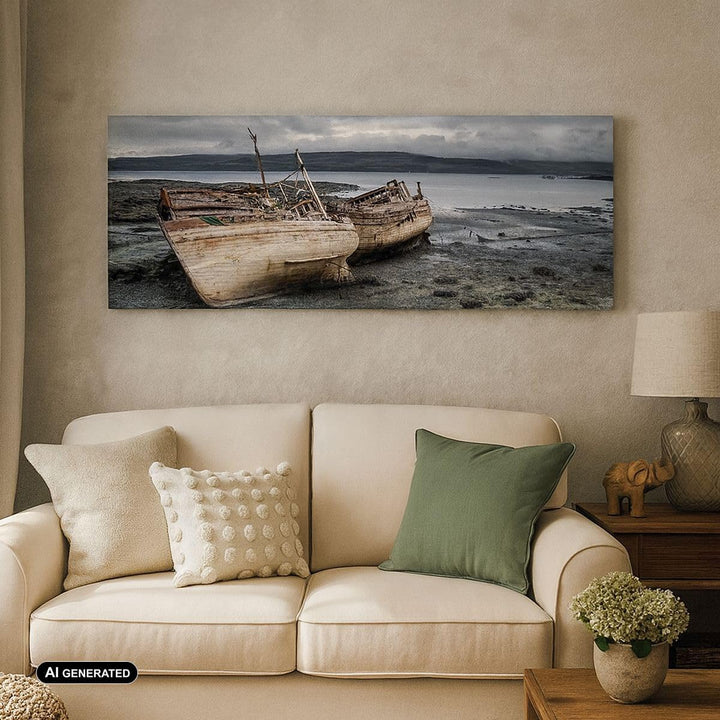 Wandbilder Dekoration Wohnzimmer Boot Wrack Ufer Panorama Bilder auf Leinwand 120x50cm Leinwandbild