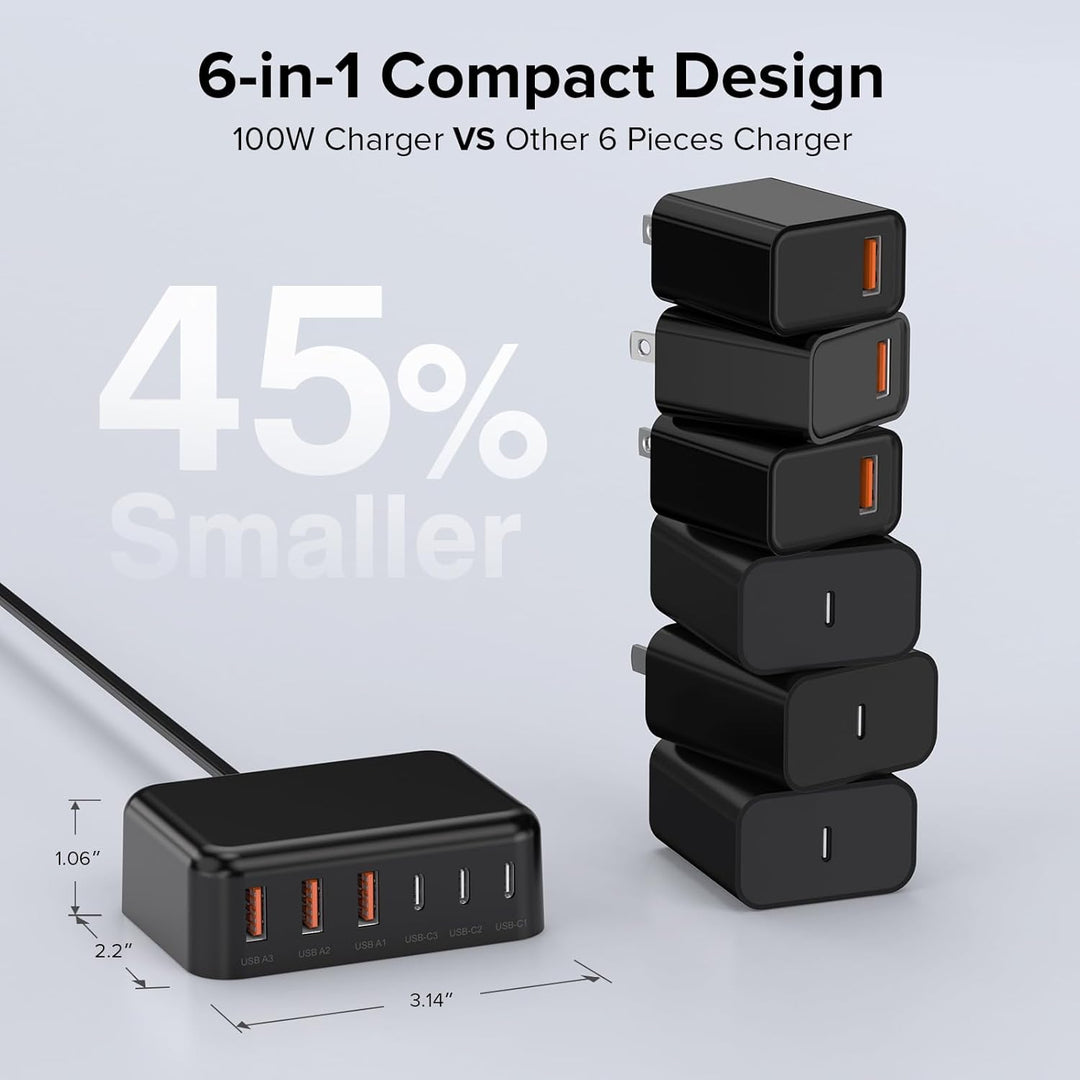 USB C Ladegerät, 100W 6-Port USB C Adapter Mehrfach Ladegerät mit USB-C und USB-A, Schnellladegerät