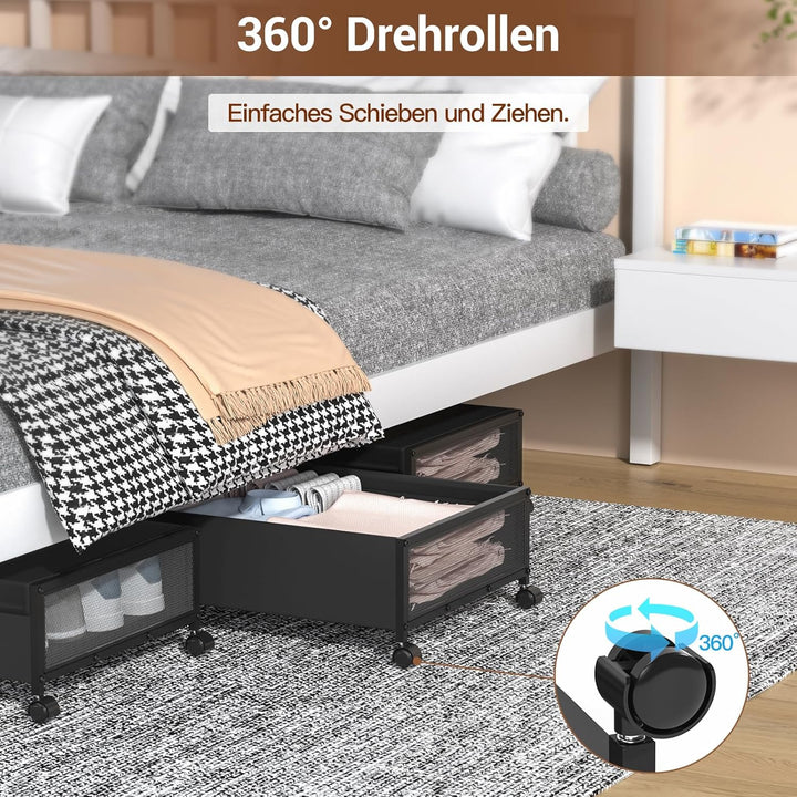 Unterbett Aufbewahrungsbox, 2 Stück Unterbettkommode mit Rollen und Deckel, Metallrahmen Bettkasten