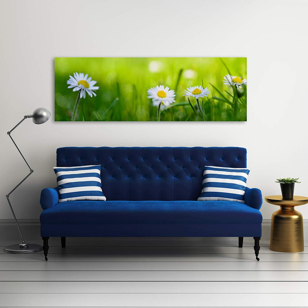 Feeby. Leinwandbild, Bilder, Wand Bild, Wandbilder, Kunstdruck 100x40 cm, GÄNSEBLÜMCHEN, NATUR, GRÜN