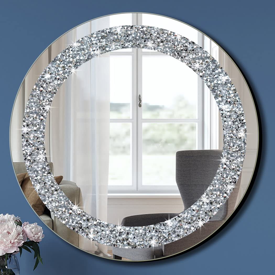 QMDECOR Crystal Crush Diamond Sparkly Round Silver Mirror for Wall Decoration 50,8 x 50,8 x 2,5 cm W