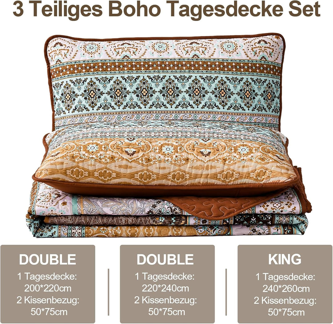 WONGS BEDDING Tagesdecke 220x240 Bettüberwurf Boho Decke Steppdecke 3 Teilig Doppelbett Gesteppt Bet